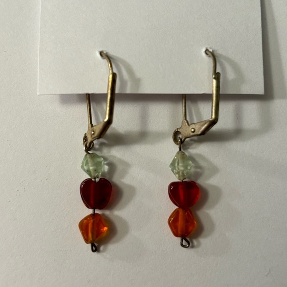 Handmade Handcrafted Beaded Heart & Diamond Dangle Earrings - red orange & clear - Picture 2 of 2